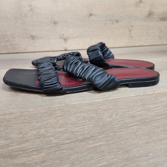 STAUD Maya Black Ruched Leather Slide Strappy Sandals - Picture 4 of 15